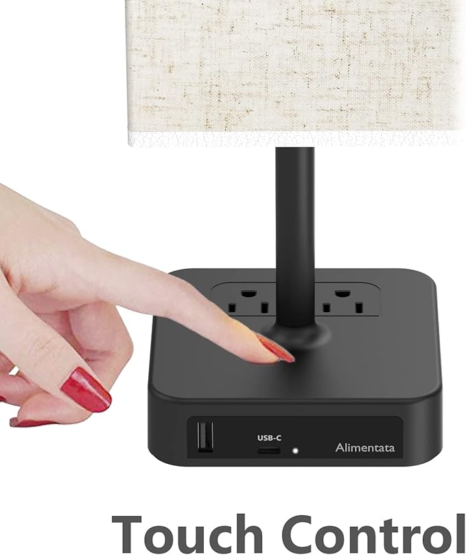 Touch Control Bedside Table Lamp with USB C & USB A Charging Port and 2 AC Outlet, Minimalist LED Desk Light with Charger Base Brown Fabric Shade for Bedroom/Nightstand/Office