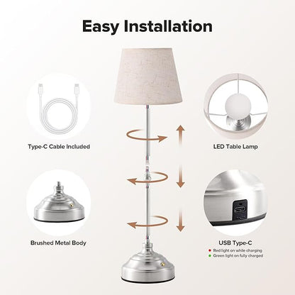 2 Pack Cordless Table Lamp, Rechargeable Desk Lamp with Fabric Shade, Battery Operated Lamp 3 Color Stepless Dimming, Small Touch Bedside Lamp Home Decor for Dining, Counter (Brushed Sliver)