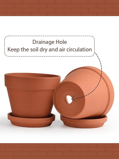 INGOFIN Terracotta Pots Set with Saucer - 2-Pack Ceramic Clay Planters with Drainage Hole, Garden Flower Succulent Pots with Tray for Indoor Outdoor Plants, 8 inch, Set of 2