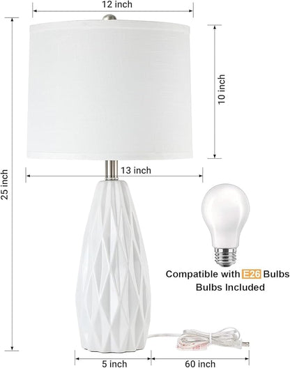 25'' Table Lamp White Table Lamps Modern Ceramic Lamps for Night Stand - Dimmable Bedside Lamps for Nightstand, Bedroom Lamp for Living Room Desk End Table Office Guest Room
