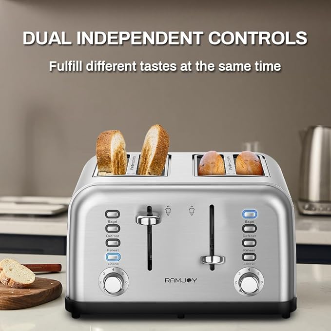 Toaster 4 Slice, Dual Independent Controls, Extra Wide Slot Toasters