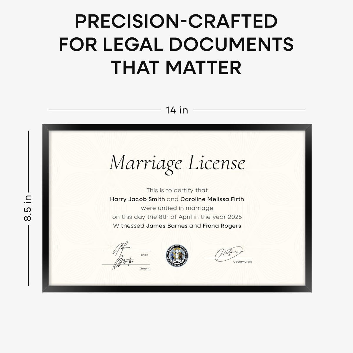 Homeforia 8.5 x 14 Marriage License Frame Black, High End Metal 8.5x14 Marriage Certificate Frames, 14x8.5 Picture Frame for Wall & Tabletop, 8.5 by 14 Photo Frames, Tempered Glass, Wall Kit, Set of 1