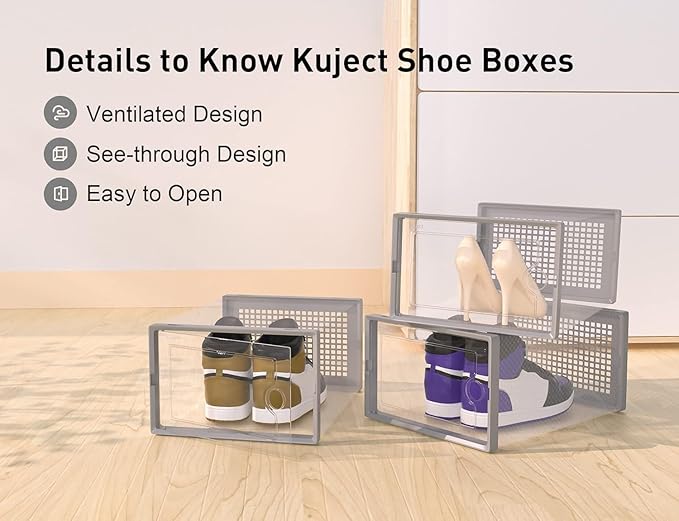 Kuject X-Large Shoe Storage Boxes Organizers Clear Plastic Stackable 12 Pack