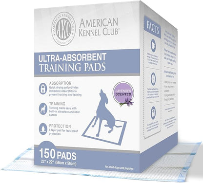 American Kennel Club Ultra Absorbent Odor Control Scented Training Pads For Dogs Leak-proof Quick Dry Gel – 22 x 22 Puppy Pads - Lavender Scented - Pack of 150