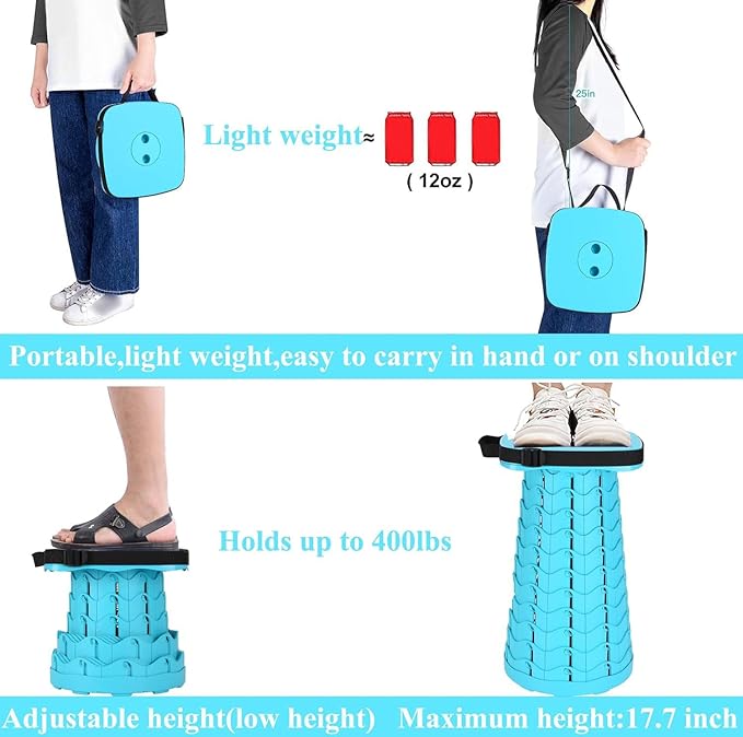 Fishboy Upgraded Square Collapsible Stool, 400lbs Max Weight, Lightweight But Sturdy, Portable Retractable Folding Telescoping Foldable Camping Stool for Adults Outdoor Fishing Hiking Travel BBQ