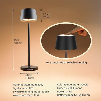 Cordless Table Lamps Set of 2,with Touch Dimming and IP54 Waterproof Function Desk Lamp,Suitable for Indoor and Patio Lighting Black 2 Pcs