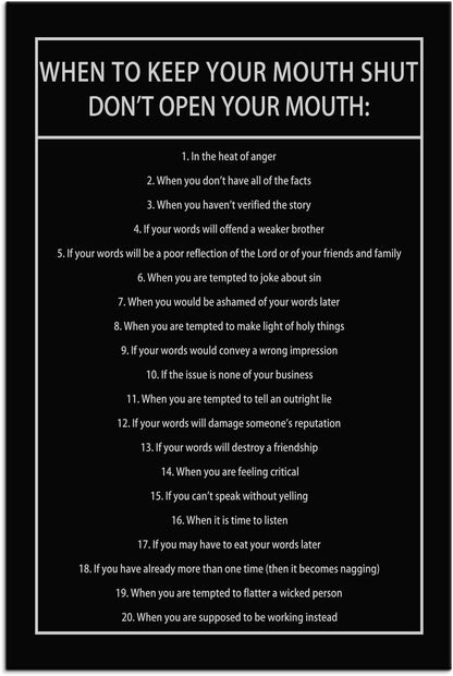 Inspirational Canvas Wall Art When to Keep Your Mouth Shut Don't Open Your Mouth Life Motivational Poster Life Learning Quote Picture Home Office Decor Painting Framed and Stretched[24''W x 36''H]