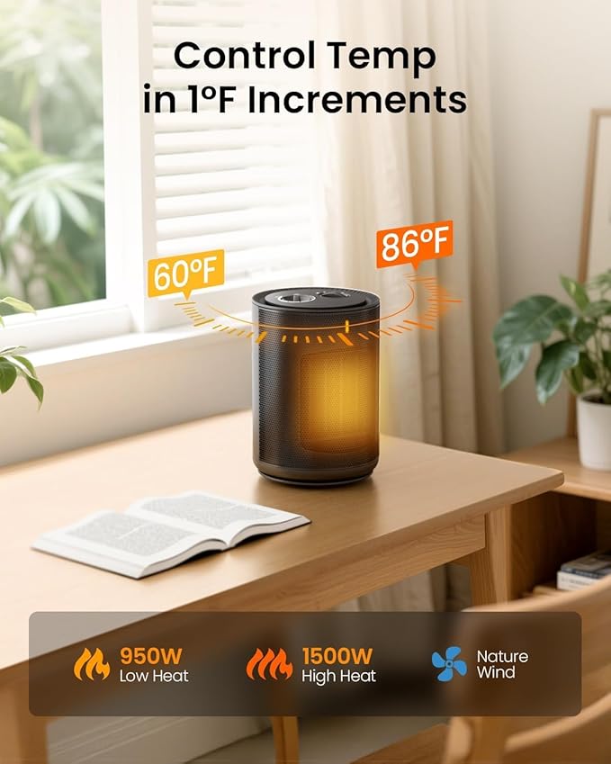 Portable Ceramic Space Heater w/Thermostat, 1500W Indoor Electric Mini Heater