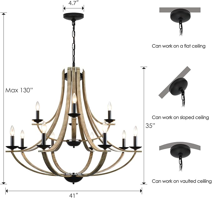 Farmhouse Chandeliers for Dining Room Light Fixture, 2 Tier 12-Light 41" Adjustable Height Retro Faux Wood Texture Rustic Light Fixtures for Living Room Bedroom Kitchen Island Foyer Entryway
