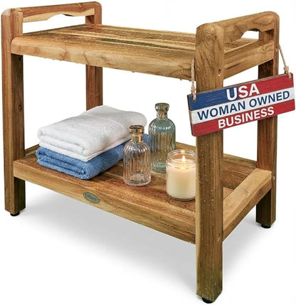 EcoDecors Eleganto 24 Inch Natural Color Waterproof Teak Wood Shower Bench Stool Seat Chair For Inside Shower Provides Safety, Storage, and Organization For Bathroom Accessories