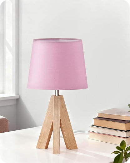 Small Tripod Table Lamp, Modern Nightstand Lamp with Fabric Shade, Boho Bedside Wood Desk Light for Bedroom, Kids Room, Living Room, Office, Study, Pink, P51TL05
