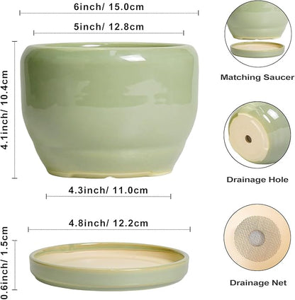 SQOWL Ceramic Pot for Plants - 6 Inch Planter for Indoor Outdoor Plants, Round Decorative Flower Pot with Drainage Hole and Saucer, Modern Small Planter, Patio Decor, Garden Gifts, Green