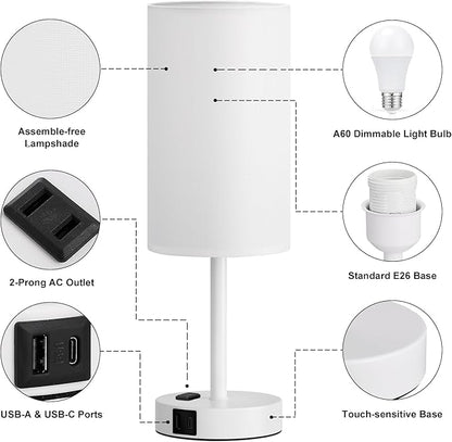 Fenmzee White Nightstand Bedroom Lamp - 3 Way Dimmable Bedside Lamp USB C A Charging Ports and AC Outlet, Small Table Lamp Linen Lampshade for Office Desk