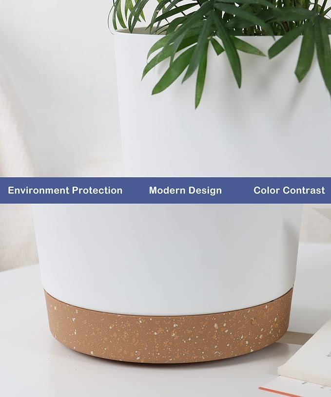 kubvici 2 Pack 8 Inch Planters for Indoor Plants, Plastic Flower Pots Plant Pots Indoor with Drainage Saucer for Outdoor Garden Home Plant, White 8”
