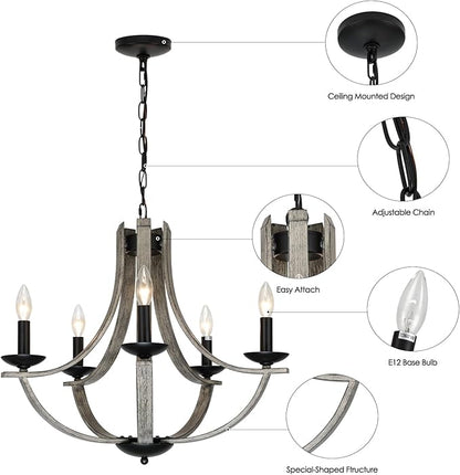 Farmhouse Chandeliers for Dining Room Light Fixture, 5-Light 24 inch Faux Wood Texture Hanging Lighting Fixtures,Rustic Candle Chandeliers for Living Room Kitchen Island Foyer Entryway