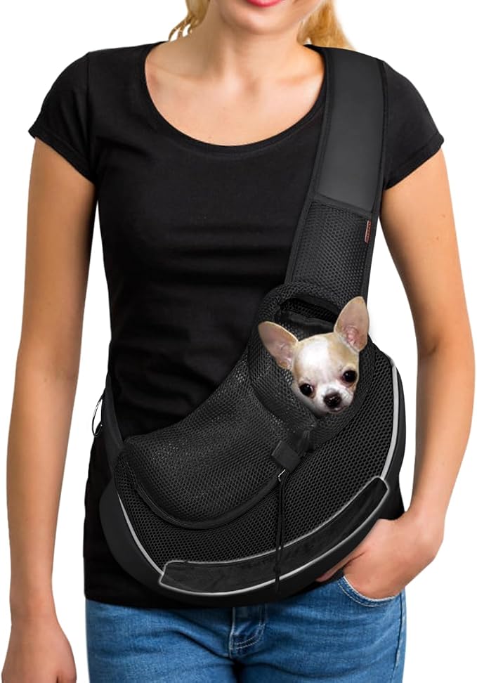 YUDODO Pet Sling Carrier for 5-9 lbs Small Dogs Cat Puppy Crossbody Carrier | Bottom support, Safety Hook, Large Zipper Pocket, Soft Breathable Mesh, Adjustable Strap, Reflective Strip, Black, M