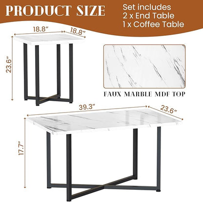 AWQM Coffee Table Set of 3, Industrial Coffee Table with 2 Square End Side Tables, Modern Living Room Table Set with Metal Frame for Apartment Home Office