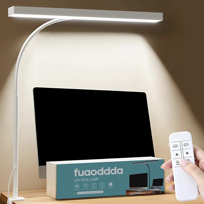 LED Desk Lamp for Office Home, Eye- caring Lamp with 10 Meter Remote Control Function, 5 Modes 10 Brightness Adjustable Desk Light Flexible Gooseneek Clip - on Light for Studying, Workbench (white)
