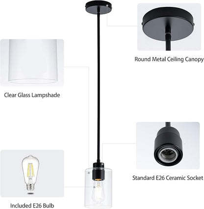 MAYNA 2-Pack Black Farmhouse Pendant Lighting, Rustic Glass Kitchen Island Lights with Bulbs, Adjustable Rods Vintage Hanging Fixtures for Dining Room, Bar