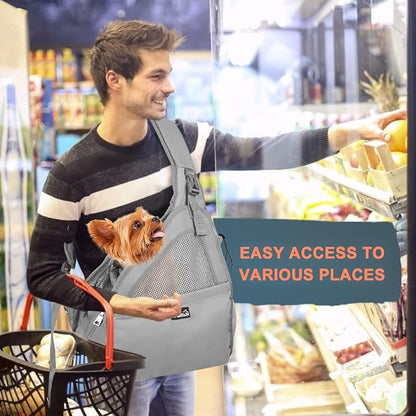 SlowTon Dog Sling Carrier, Hands Free Hard Bottom for Small Dogs up to 11lb | Breathable Mesh Support, Adjustable Padded Strap, with Pocket Safety Belt, Machine Washable, for Small Animal Puppy, Grey