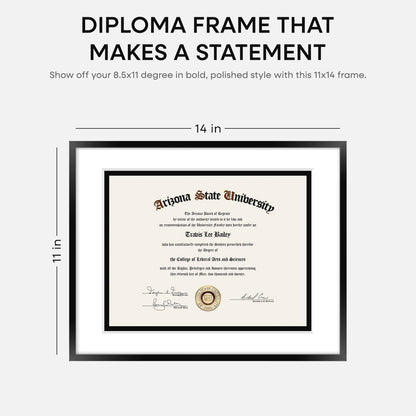 Homeforia 11x14 Diploma Frame Black, High End Metal 11 x 14 Certificate Frame with Mat 8.5 x 11 inch, 14x11 Document Frame Matted to 8.5x11, Award Graduation Frames, Tempered Glass, Wall Kit, Set of 1