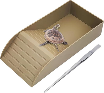kathson Tortoise Water Dish with Ramp and Basking Platform, Reptile Water Bowl Turtle Soaking Tub Hermit Crab Bathing Pool for Amphibians Habitat Accessories (Brown)