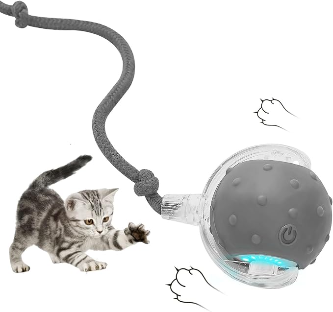 Electric Interactive Cat Toy Ball - Automatic Rolling Silicone Cat Toys for Indoor Cats, Durable Chew-Proof Motorized Kitty Ball with LED Light, Fun Exercise Toys for Bored Kittens（Grey）