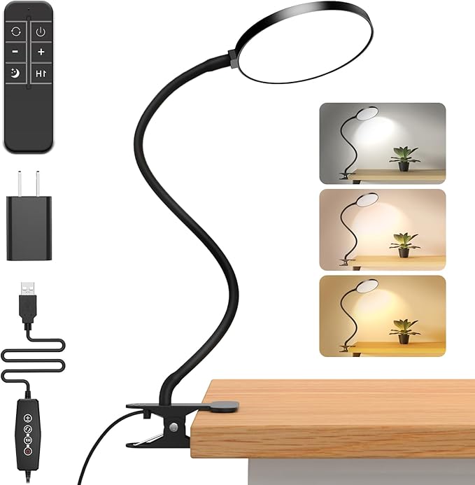 Reading Light with Remote, LED Desk Lamp Clip on [1H Timer & Nightlight] RA>95 Dimmable Flexible Gooseneck, Reading Lamp with Clamp for Table - 4.7'' (Adapter Included)