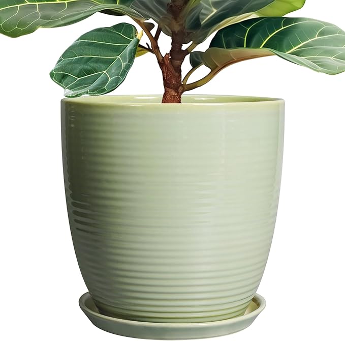 12 Inch Pots for Plants - Round Ceramic Planter with Drainage Hole and Plant Saucer for Flower Indoor Outdoor, Modern Room Office Home Garden Decor, House Warming Gifts, Green