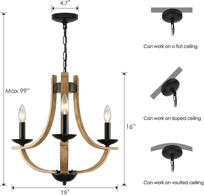 Farmhouse Chandelier for Dining Room 3-Light 19" Wide Adjustable Kitchen Island Pendant Lighting, Rustic Hanging Light Fixture for Entryway Foyer Bedroom Living Room,