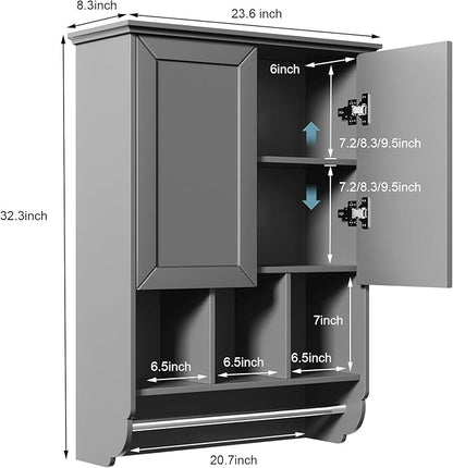 Bathroom Wall Cabinet with Towel Bar, Wooden Medicine Cabinet Adjustable Shelves