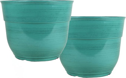 Garden Elements Indoor/Outdoor Glazed Brushed Happy Plastic Planter, Large, Dark Aqua, 15" (Pack of 2)
