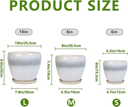 Ceramic Plant Pots - Modern Round 10 Inch 8 Inch 6 Inch Planters for Indoor Outdoor, Flower Pots with Drainage Holes and Plant Saucers, Home Decor, Plant Lover Gifts, Set of 3, White-Grey