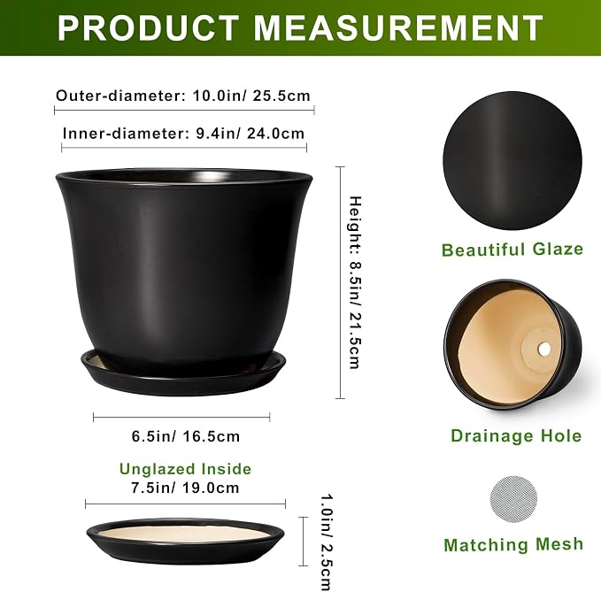 Ceramic Pots for Plants - 10 Inch Plant Pot with Drainage Hole and Tray, Large Round Planter for Indoor Outdoor, Morden Decorative Flower Pots, Living Room Decor, Gardening Gifts, Black