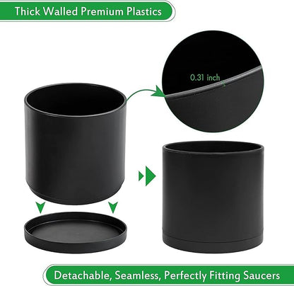 D'vine Dev 2 Pack 10 Inch Modern Plastic Plant Pots, Cylindrical Garden Planters for Plants with Drainage Holes and Saucers, Black, 74-Y-N-1