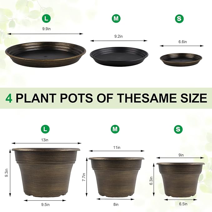 Plant Planters Pots Set of 4 Pack 13 Inch，Large Plastic Flower Pot for Indoor Plants with Drainage Holes & Trays, Resin Decorative Container Sets with Saucer for House Outdoor Garden Plant Dark Gold