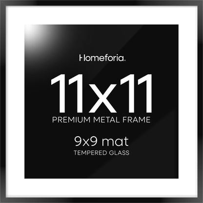 Homeforia 11x11 Picture Frame Black, High End Metal 11 by 11 Square Frames with Mat 9 x 9 Opening, 11by11 Poster Frames Matted to 9x9 inch Photo, Wall Hanging Frame, Tempered Glass, Wall Kit, Set of 1