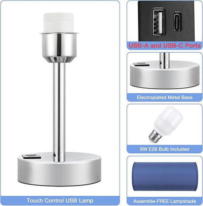 Navy Blue Touch Lamp for Boys - Small Nightstand Lamp with USB-C and USB Charging Ports, 3 Way Dimmable Bedside Table Lamp with Fabric Shade Silver Base for Nursery, Dorm, Office, Reading