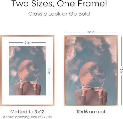 Homeforia 12x16 Rose Gold Picture Frame, High End Metal 12x16 Poster Frames with Mat 9x12 Photo, 12 x 16 Rose Gold Frames Matted to 9 by 12 Print, 16x12 Thin Frames, Tempered Glass, Wall Kit, Set of 1