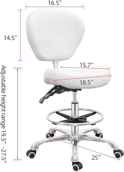 Grace&Grace Drafting Chair Adjustable Tall Shop Stool, Rolling Chair with Backrest and Footrest for Computer, Studio, Workshop, Classroom, Lab, Counter, Home Office (White)