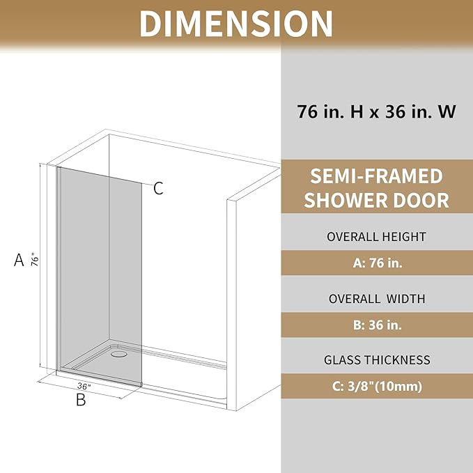 Shower Glass Panel 36" W * 76" H, Semi-Framed Glass Screen, Single Panel
