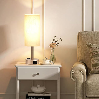 Fenmzee Bedside Table Lamp for Bedroom - 3 Way Dimmable Touch Lamp USB C Charging Ports and AC Outlet, Small Lamp Gold Base Round Flaxen Fabric Shade for Living Room, Desk, LED Bulb Included