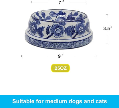 Aimusego Blue and White Cute Heavy Duty Non-Slip Chinoiserie Ceramic Pet Bowl Food/Water Dish for Large Puppies, Cats, Retrievers, Medium Sized Dogs-9inch