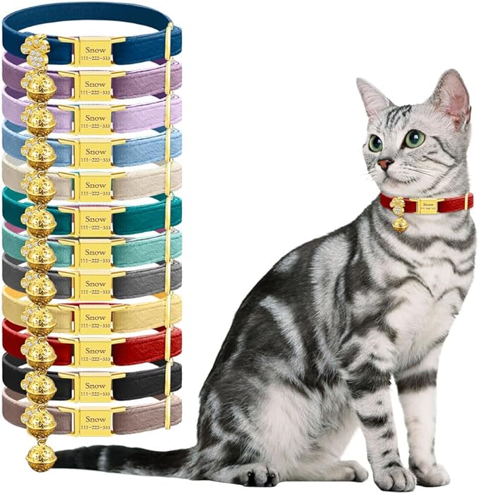Personalized Breakaway Cat Collars - Magnetic Buckle, Bell - Safety Quick Release, Customized for Girls & Boys Cats - Velvet -Navy