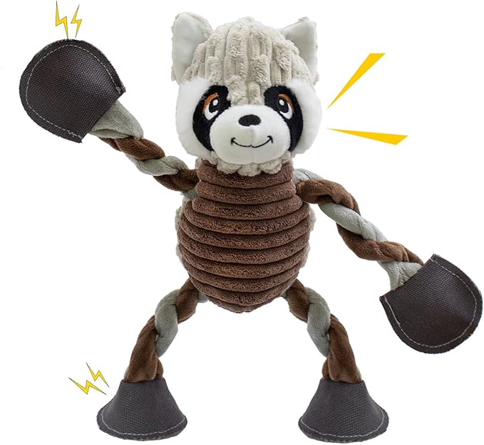 Squeaky Dog Toys, Tug of War Plush Toys with 5 Squeakers, Stuffed Dog Toys to Keep Them Busy, Chew Toys with Crinkle Paper for Small & Large Breeds (Raccoon)