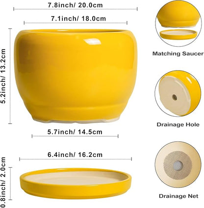 SQOWL Ceramic Plant Pot - 8 Inch Planter for Indoor Outdoor, Decorative Plant Pot with Drainage Hole and Saucer, Modern Round Planter for Flower, Desk Decor, Housewarming Gifts, Yellow