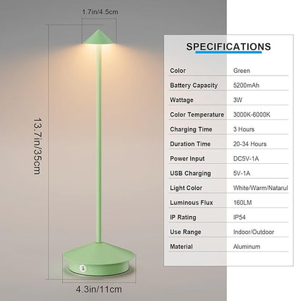 2-Pack 6000mAh Rechargeable Led Table Lamp Cordless,3000K-6000K Stepless Dimming Touch Lamps with Memory Function,IP54 Waterproof Aluminum Table Light for Outdoor/Bars/Restaurant/Patio(Green)