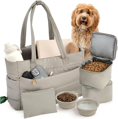 Puffer Dog Travel Bag for Dog Moms, Diaper Bag with Travel Bowls | 2 BPA-Free Collapsible Bowls, 2 Pet Food Containers, 9 Pockets, Everyday Puffer Bag Works With or Without Your Dog, Khaki