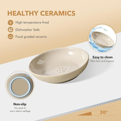 Havniva Cat Bowls Elevated 6” Ceramic Cat Bowl with Stand Whisker Friendly Shallow Cat Dishes, Cat Food & Water Bowl Set with Two Height Options, Anti-Slip Raised Cat Food Bowl for Kittens