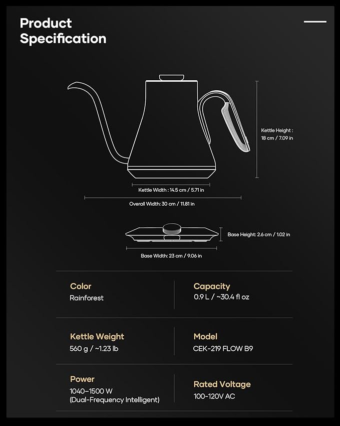 Cocinare FLOW B9 Gooseneck Electric Kettle, Precise Temperature Control